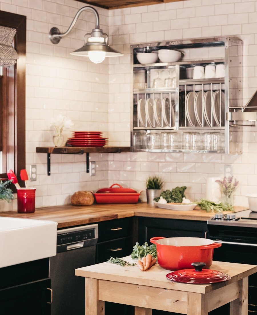 Warm editorial Montreal kitchen with butcher block counters, brick backsplash, and terracotta cookware — the kind of lived-in kitchen granite countertops are built to anchor