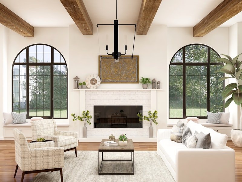 Contemporary living room with a stone fireplace surround — granite hearth fabrication in a Montreal home