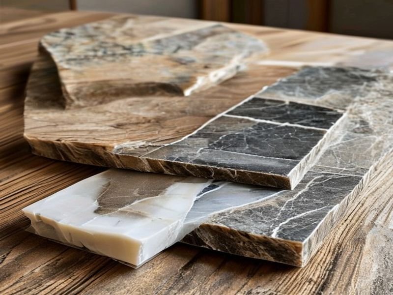 Natural stone slab samples — marble, quartzite, and soapstone — arranged on a warm wood showroom surface with natural window light