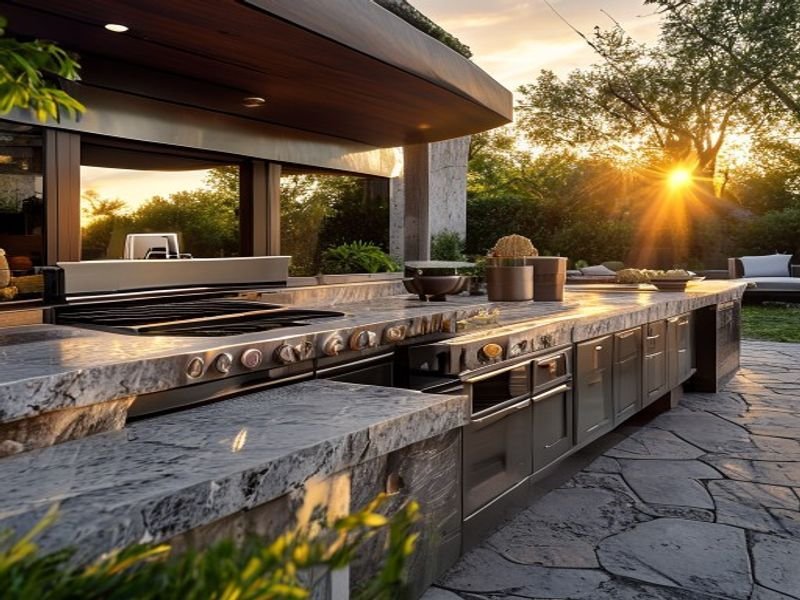 Luxury outdoor kitchen with granite countertop and built-in BBQ grill on a stone patio at golden hour — outdoor granite counter fabrication
