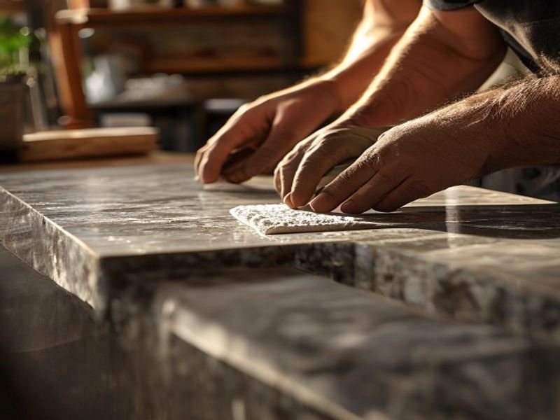 Craftsman's hands polishing a dark granite countertop edge with a diamond polishing pad in a warm workshop — granite repair and restoration service